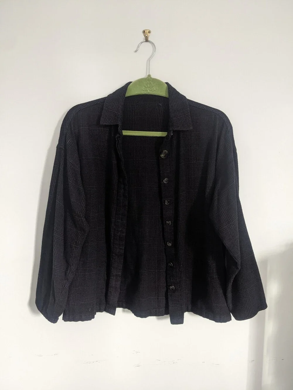black dark grey plaid button up cotton shirt